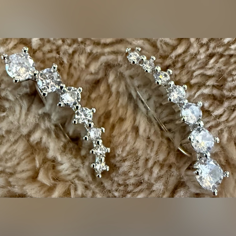 Silver Crystal Ear Climbers - Sparkling Clear Cubic Zirconia